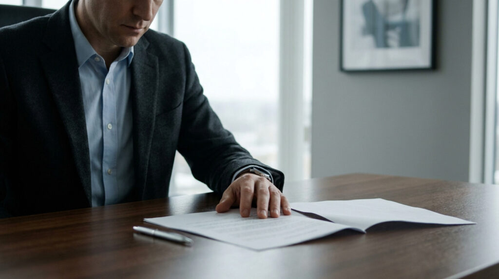 Un homme en costume et chemise bleue examine des documents sur un bureau. Sa main repose sur les papiers, un stylo à côté.