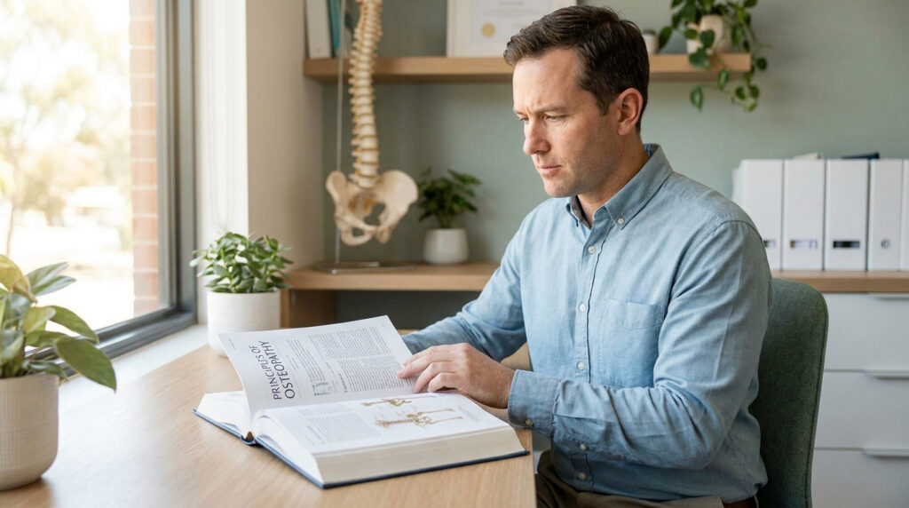 Un homme en chemise bleue étudie un livre d'ostéopathie, un squelette vertébral est visible derrière lui.