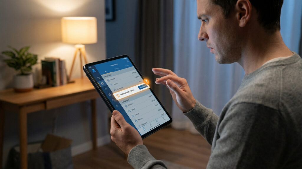 Un homme en pull gris consulte une tablette affichant des transactions bancaires, un prélèvement inconnu est surligné avec une icône "?".
