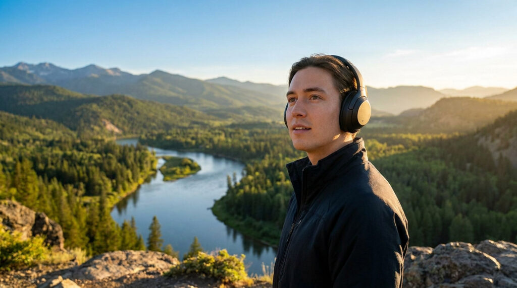 Jeune homme avec un casque audio noir, admirant un paysage montagneux verdoyant avec une rivière. Symbolise l'évasion par le son.