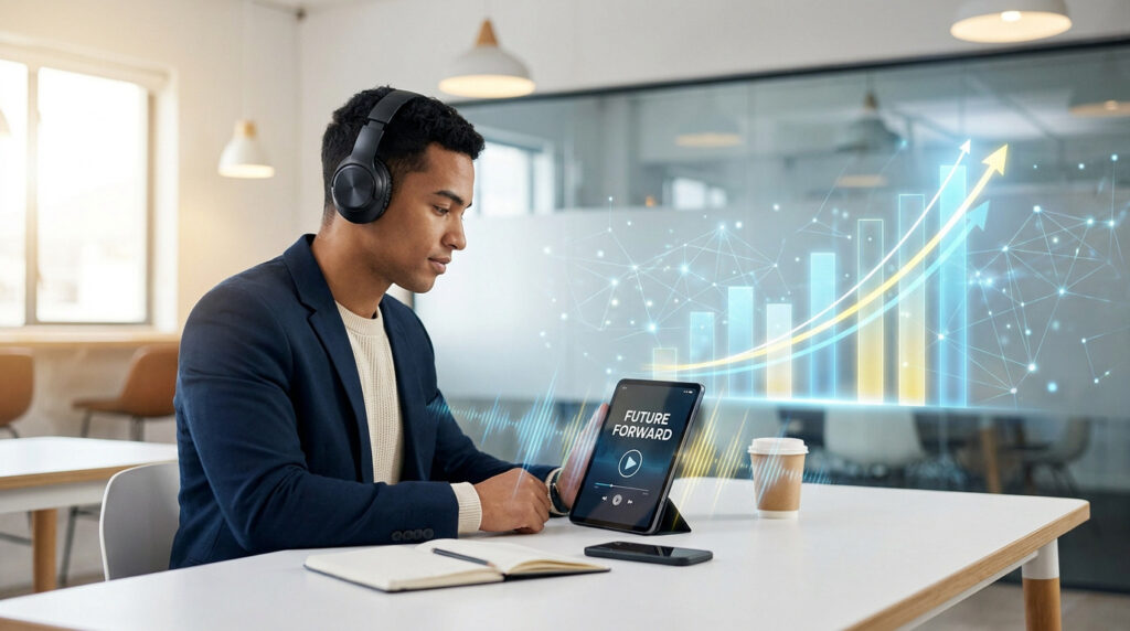 Un homme écoute un podcast business sur tablette avec casque, entouré de graphiques de croissance et de réseaux.