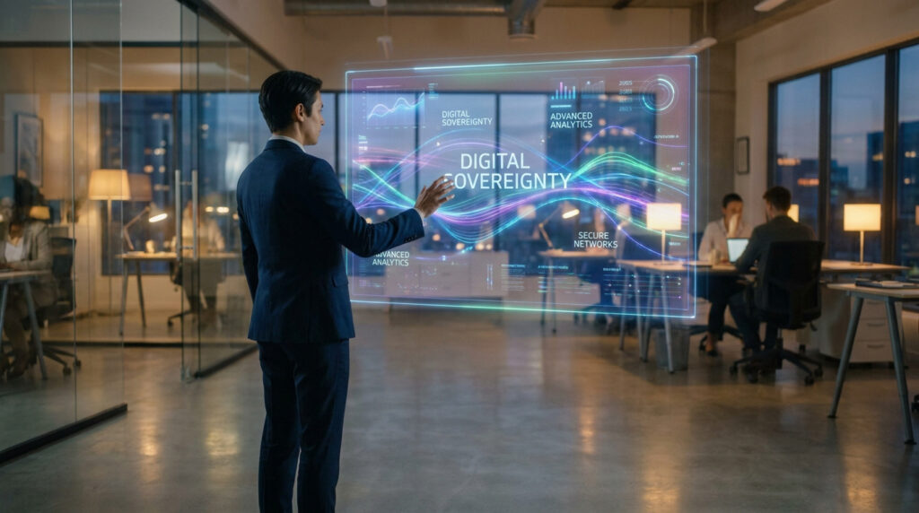 Un homme en costume interagit avec un écran holographique affichant "DIGITAL SOVEREIGNTY" dans un bureau moderne.