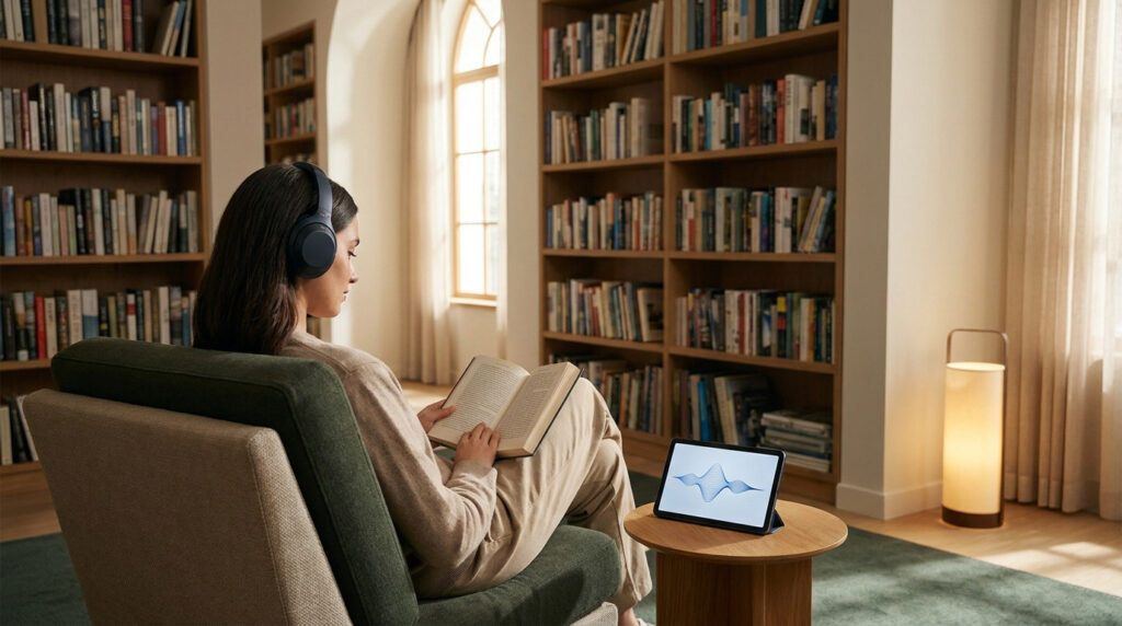 Femme avec casque audio lit un livre dans un fauteuil, tablette affichant une onde sonore sur table basse, dans une bibliothèque.