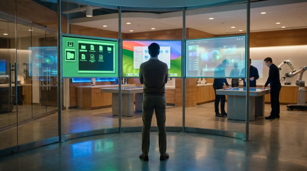 Un homme fait face à trois écrans : une interface rétro (vert), un macOS moderne, et un affichage futuriste de données.