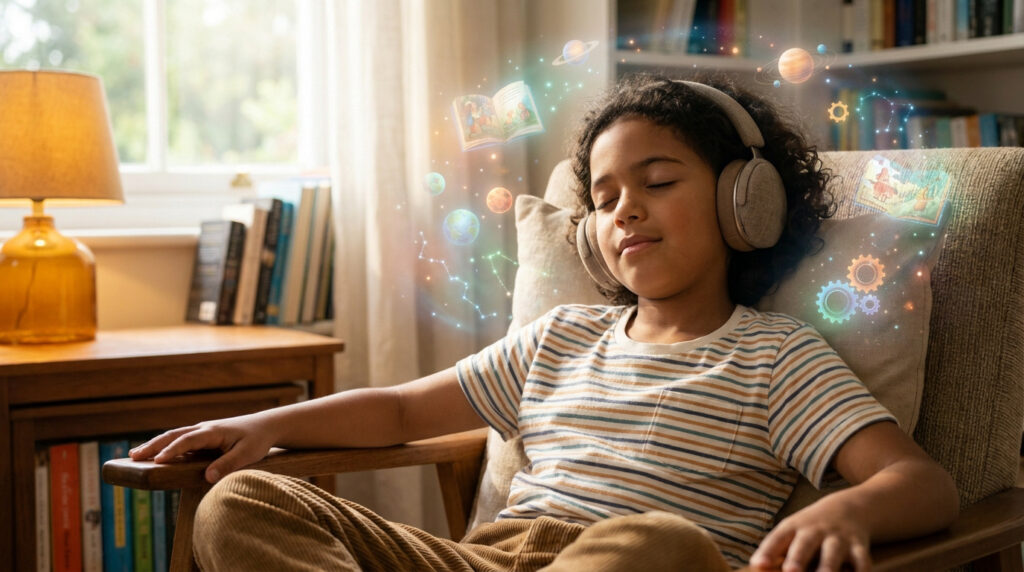 Un enfant serein, les yeux clos et un casque sur les oreilles, écoute un podcast. Son imagination s'envole avec planètes et livres flottants.