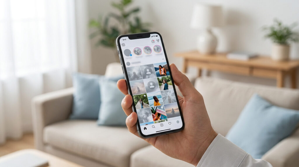 Main tenant un smartphone avec l'application Instagram, montrant des publications (visibles et grisées) dans un salon moderne et lumineux.