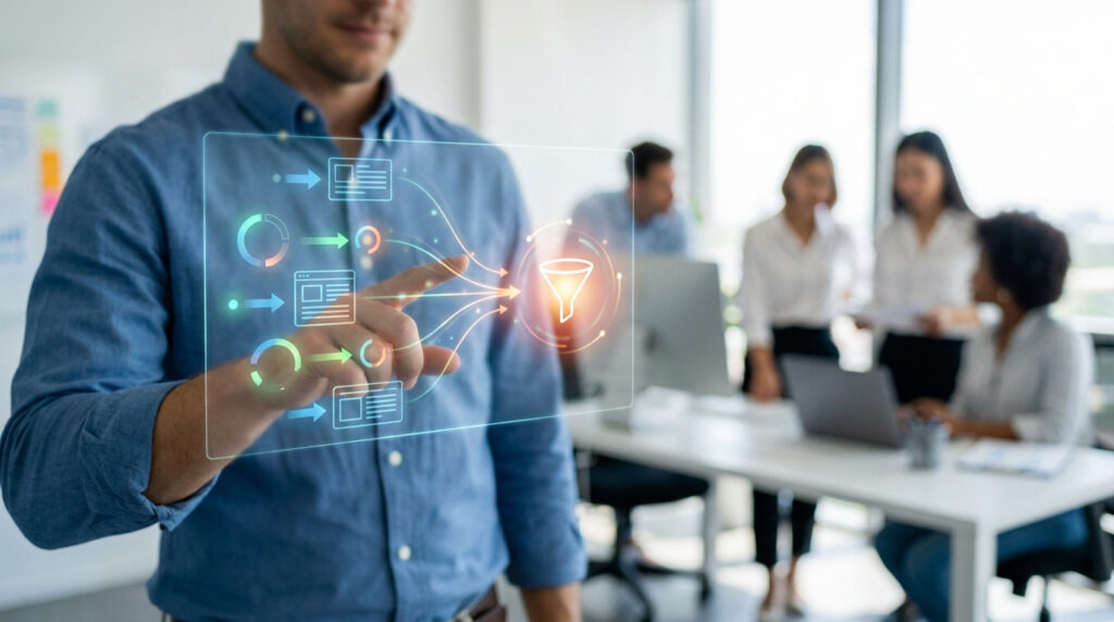 Un homme interagit avec un graphique holographique d'entonnoir de conversion pour le marketing inbound dans un bureau moderne.