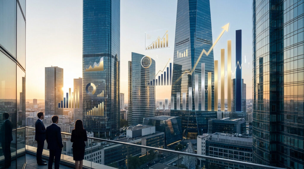 Trois personnes d'affaires sur un balcon avec vue sur une ville moderne au coucher du soleil, des graphiques financiers de croissance numérique superposés aux gratte-ciel.