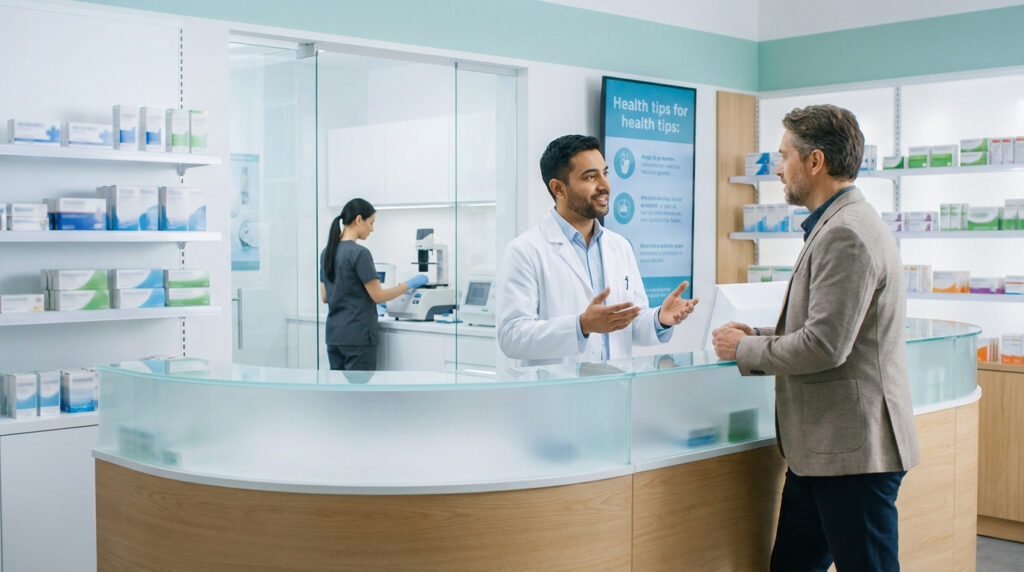Pharmacien expliquant un traitement à un client devant un comptoir dans une pharmacie moderne. Une technicienne travaille en arrière-plan.