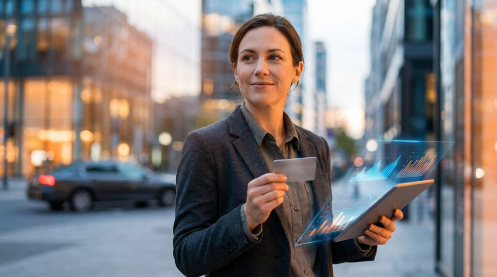 Femme d'affaires tenant une carte et une tablette avec graphiques financiers holographiques en ville.