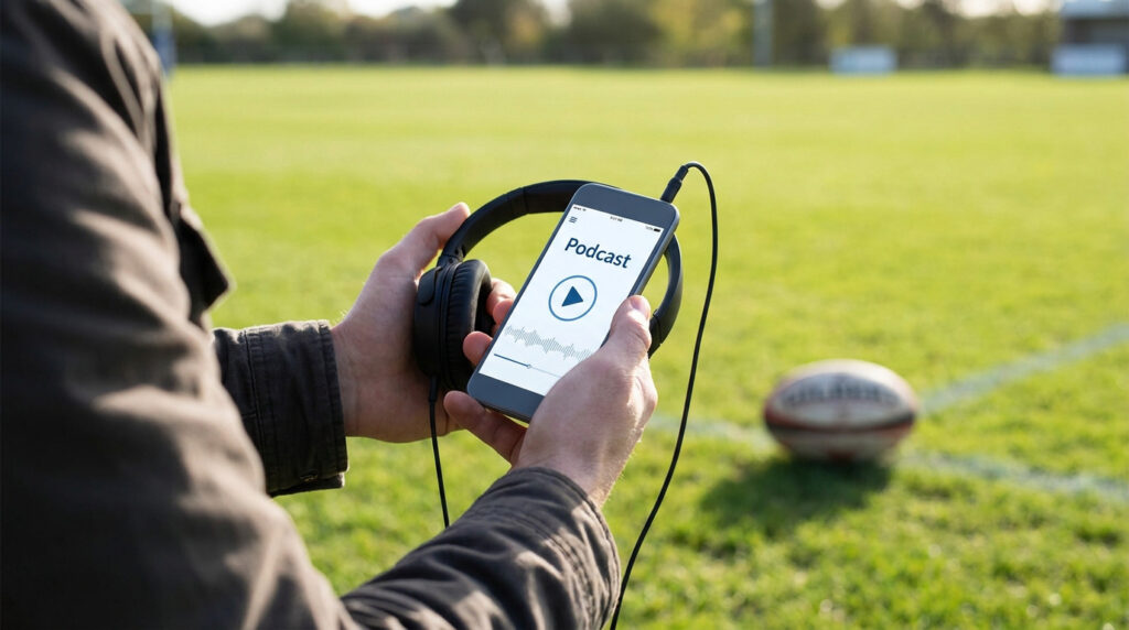 Gros plan sur des mains tenant un smartphone avec l'appli Podcast et des écouteurs. Un ballon de rugby est visible sur un terrain vert.