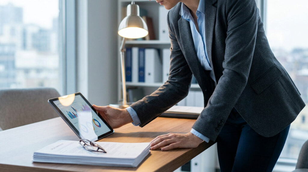 Personne en costume analysant des graphiques sur une tablette, debout près d'un bureau avec des documents et des lunettes.