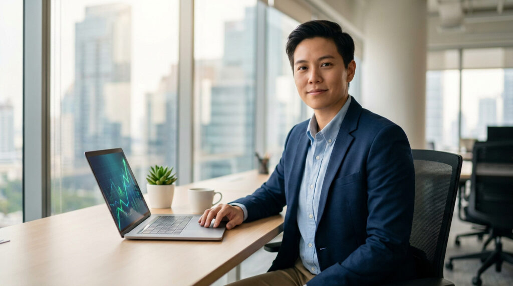Homme souriant en costume, assis devant un ordinateur portable affichant un graphique de croissance dans un bureau moderne.