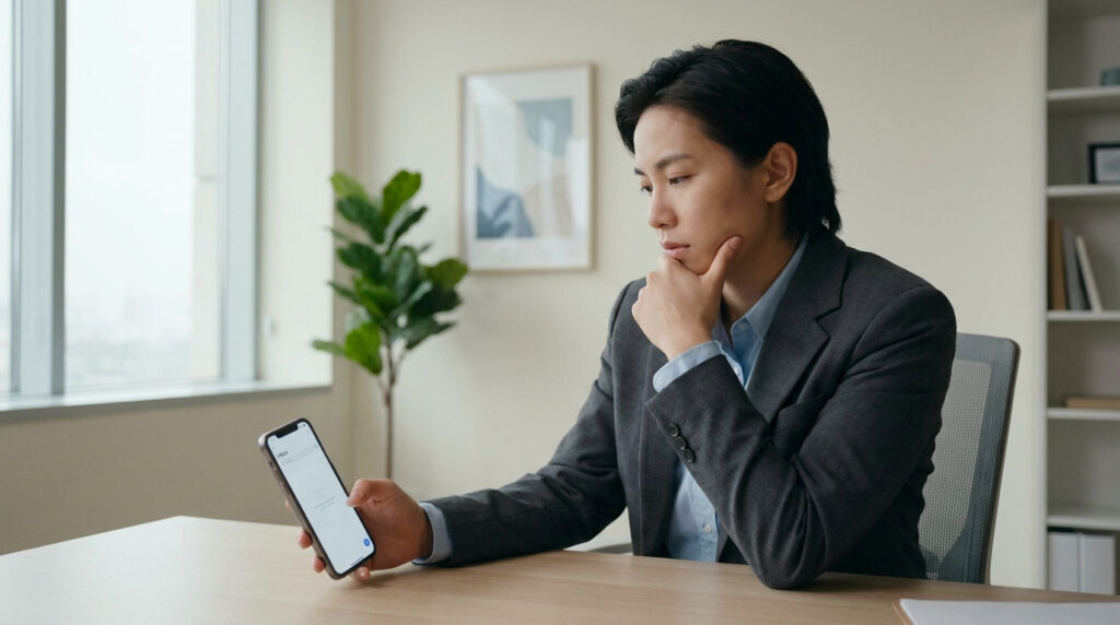 Personne en costume regardant son smartphone avec une expression pensive dans un bureau moderne, attendant une réponse.