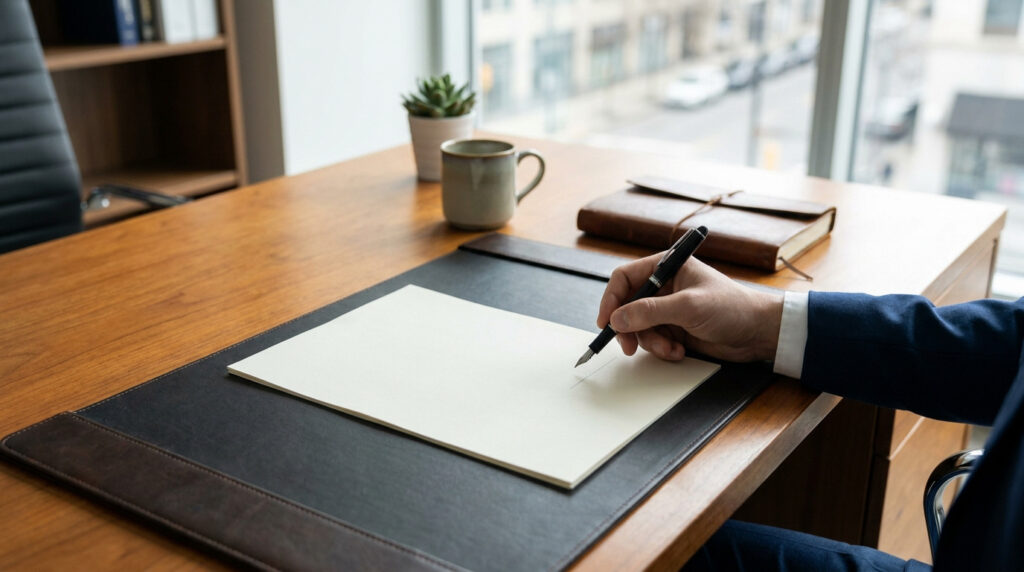 Main écrivant avec un stylo-plume sur une feuille blanche sur un bureau en bois. Sous-main en cuir, tasse, carnet et fenêtre urbaine.