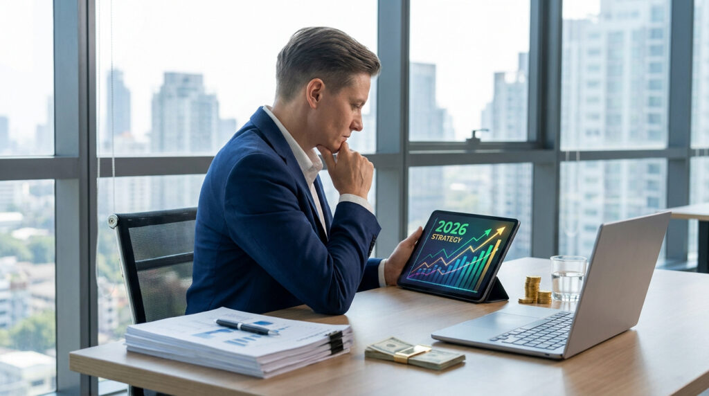 Un homme d'affaires réfléchit devant une tablette affichant "2026 STRATEGY" et un graphique de croissance. Documents et argent sur le bureau.