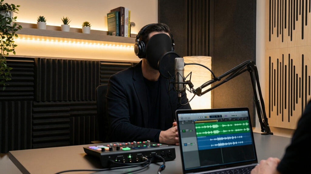 Personne enregistrant un podcast avec micro professionnel, casque, mixeur et ordinateur affichant des ondes sonores dans un studio insonorisé.
