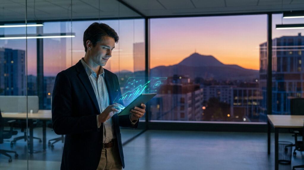 Jeune professionnel analyse des données digitales holographiques sur tablette, dans un bureau moderne avec vue sur Clermont-Ferrand et le Puy-de-Dôme au crépuscule.
