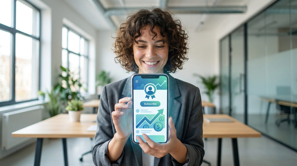 Une femme souriante tient un smartphone affichant des icônes de souscription et de croissance des revenus sur une plateforme.