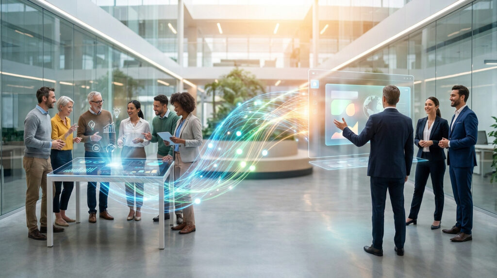 Des professionnels interagissent avec des technologies interactives et des écrans holographiques connectés par des flux lumineux.