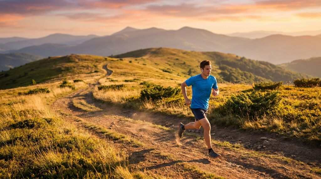 Homme en t-shirt bleu et écouteurs sans fil, courant sur un sentier de montagne au lever du soleil, avec des sommets lointains.