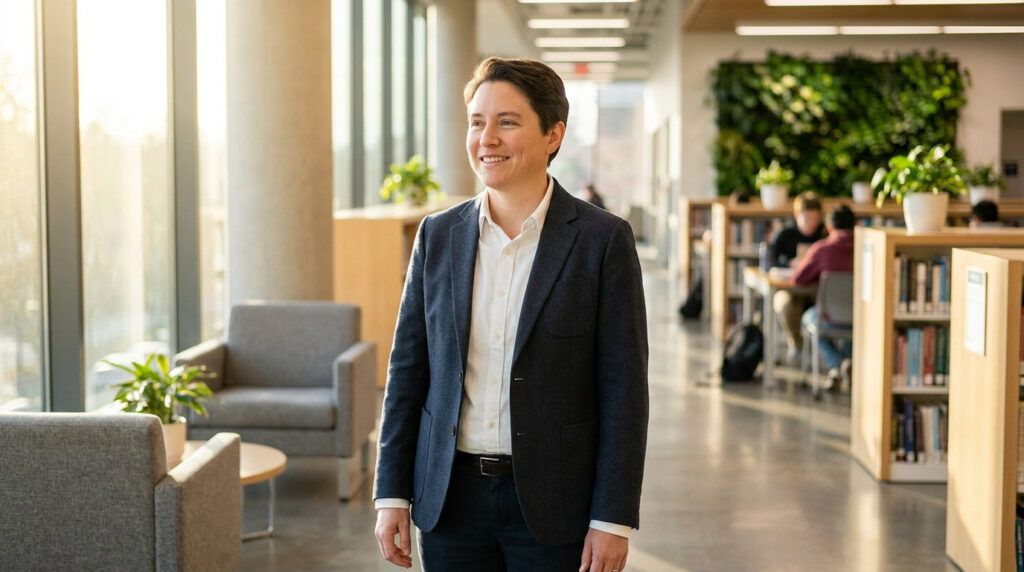 Femme souriante en blazer dans un centre d'apprentissage moderne. Lumière naturelle, livres et étudiants en arrière-plan.