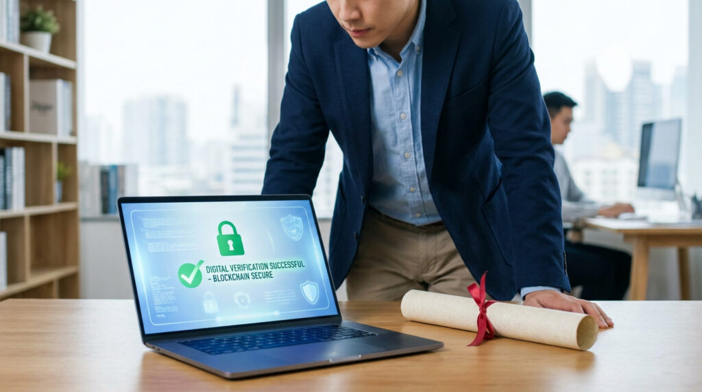 Homme vérifiant un diplôme roulé sur un ordinateur portable, affichant "Vérification numérique réussie - Blockchain sécurisée".