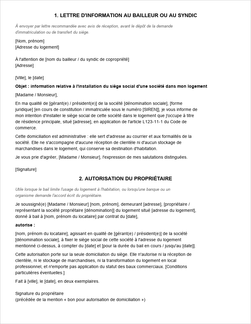 Aperçu du modèle de lettre d'information au bailleur et d'autorisation de domiciliation du propriétaire