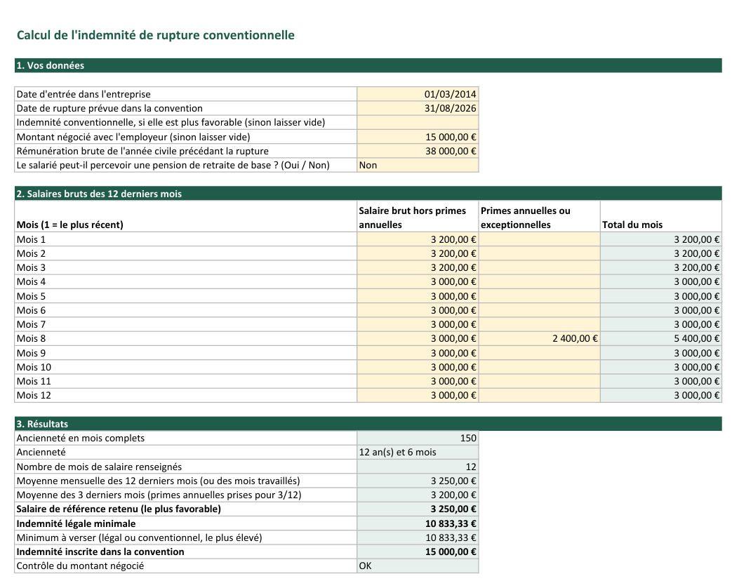 Aperçu de l'onglet Calcul du tableau Excel : dates, salaires des 12 derniers mois et résultats