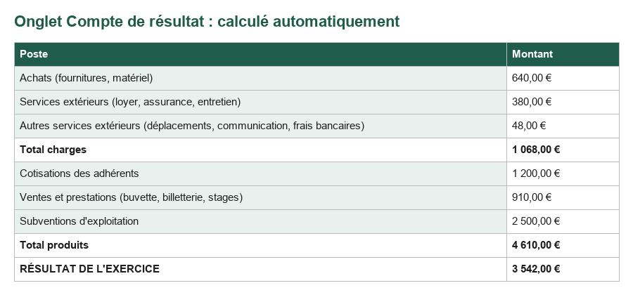 Aperçu de l'onglet Compte de résultat du modèle Excel d'association