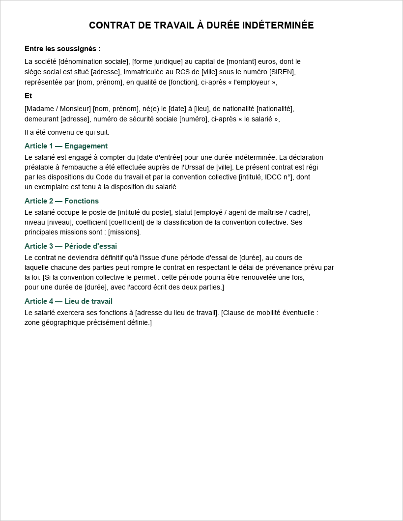 Aperçu de la première page du modèle de contrat de travail CDI