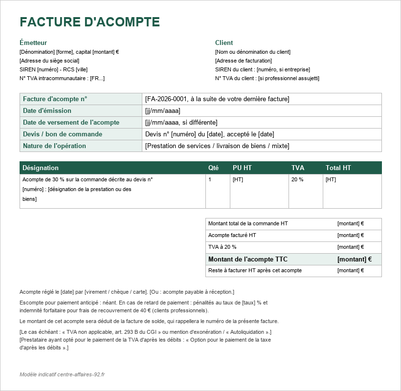 Aperçu du modèle de facture d'acompte : blocs émetteur et client, numéro, référence du devis, ligne d'acompte de 30 % et totaux HT, TVA et TTC