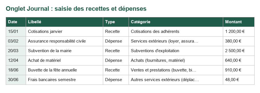 Aperçu de l'onglet Journal du modèle Excel de bilan financier d'association