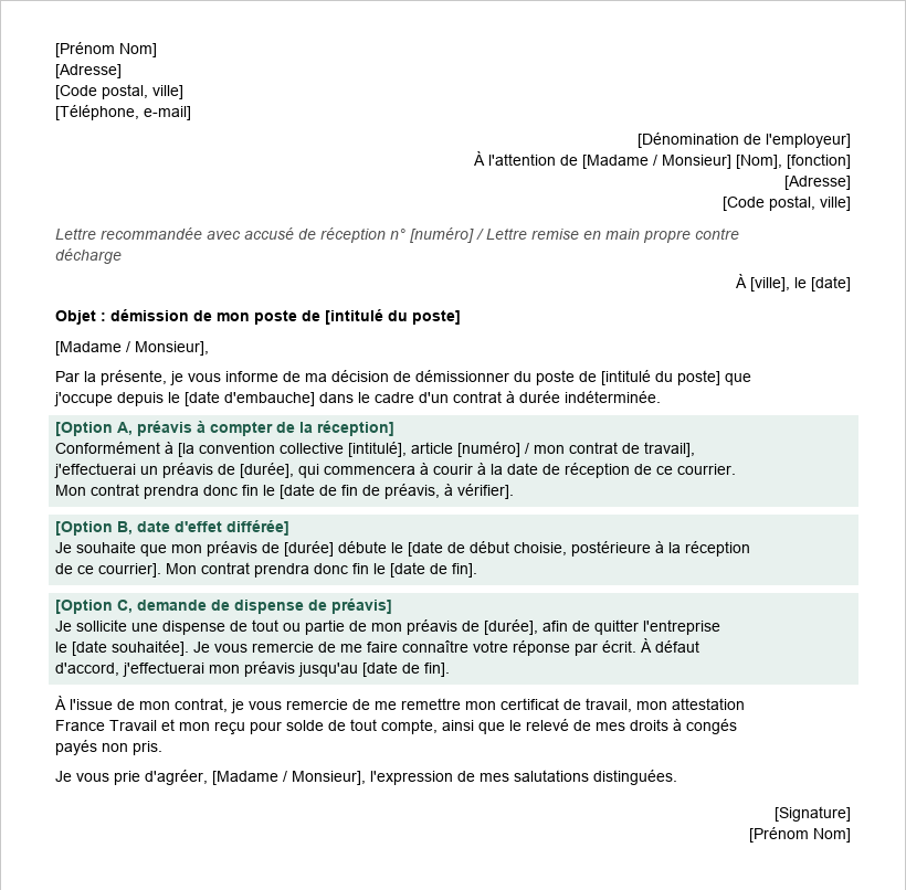 Aperçu du modèle de lettre de démission en CDI avec les trois options de date d'effet : préavis à réception, date différée et demande de dispense