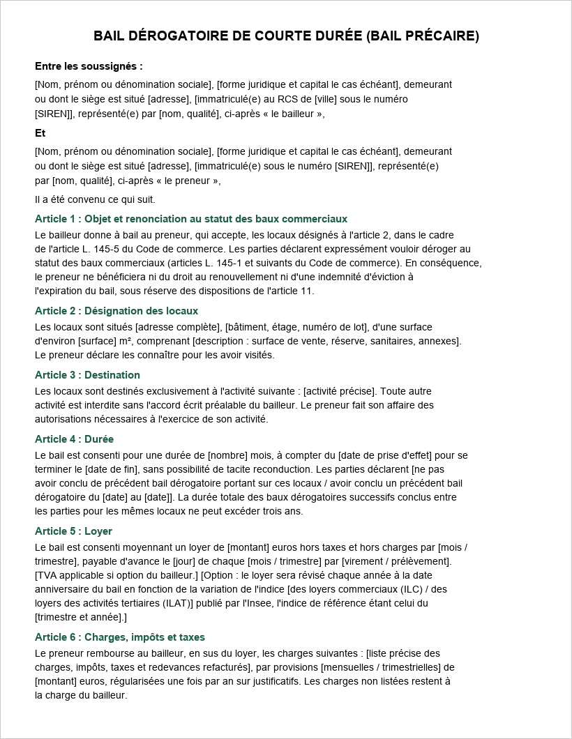 Aperçu de la première page du modèle de bail dérogatoire de courte durée, articles 1 à 6