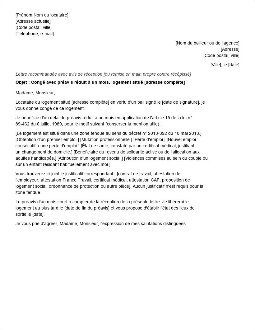 Aperçu du modèle de lettre de préavis réduit à un mois pour un logement vide, avec la liste des motifs légaux