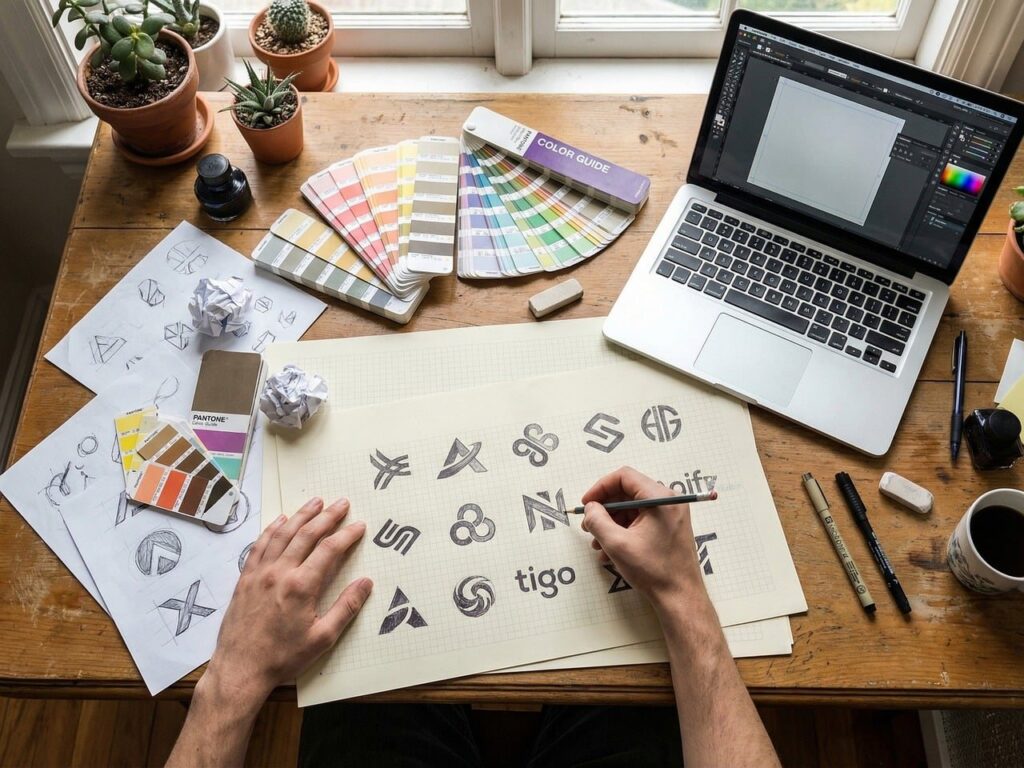Bureau de graphiste avec croquis de logos au crayon, nuanciers de couleurs et ordinateur portable