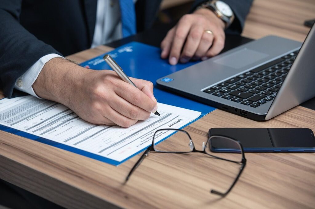 Un dirigeant remplit un formulaire administratif à côté de son ordinateur portable
